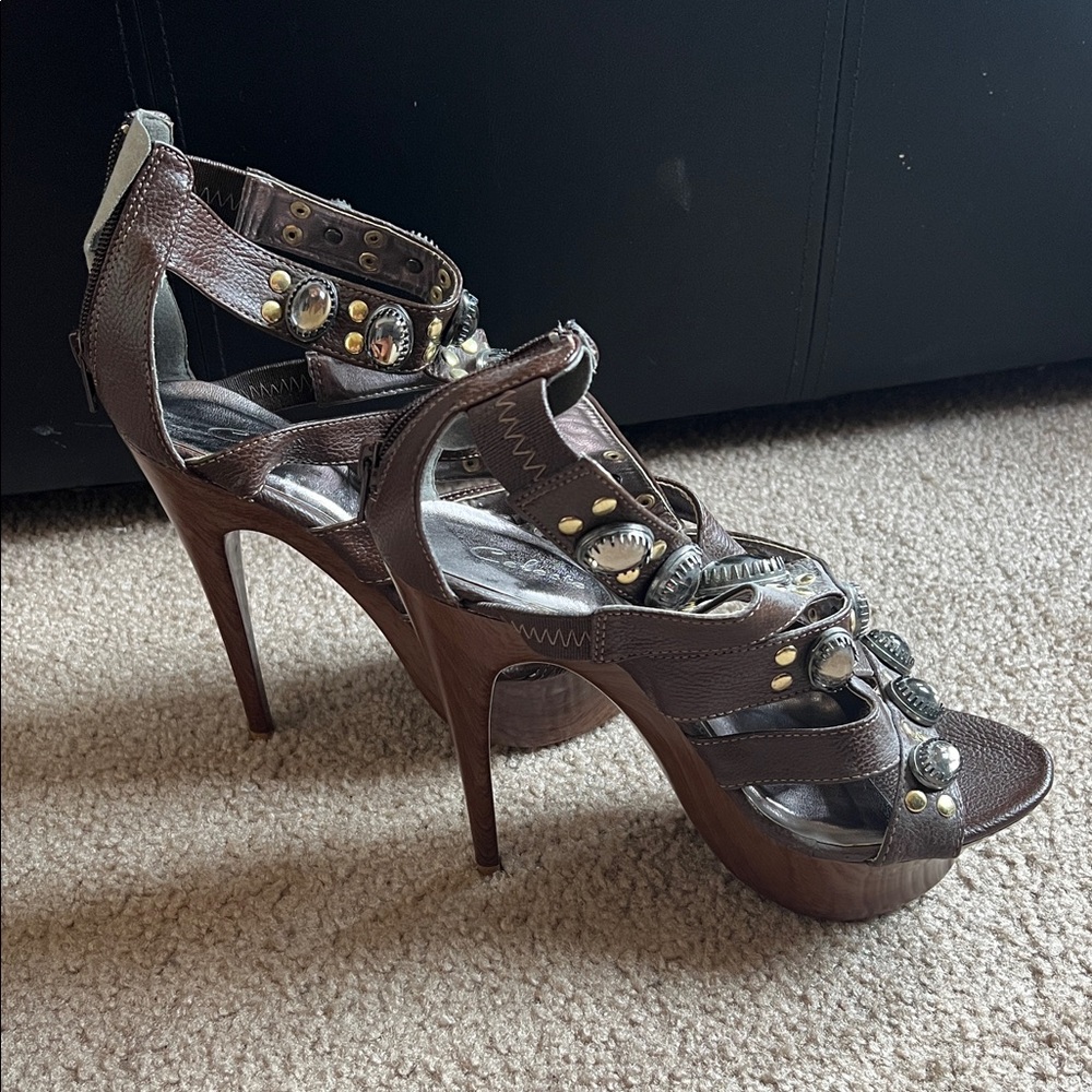 Celeste Dark Brown Strappy Heels with Embellishments